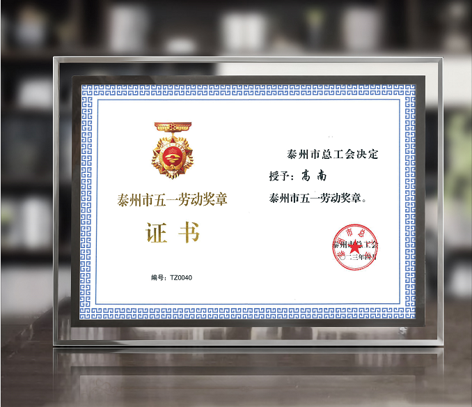 欧博abg(中国)科技董事长高南先生荣获泰州市“五一”劳动奖章